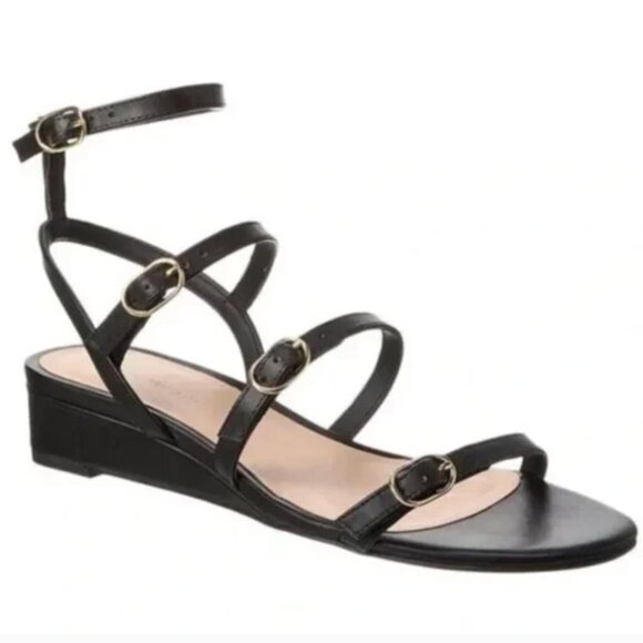 Stuart Weitzman Grecian Buckle Wedge Sandal In Black Leather - Picture 1 of 8
